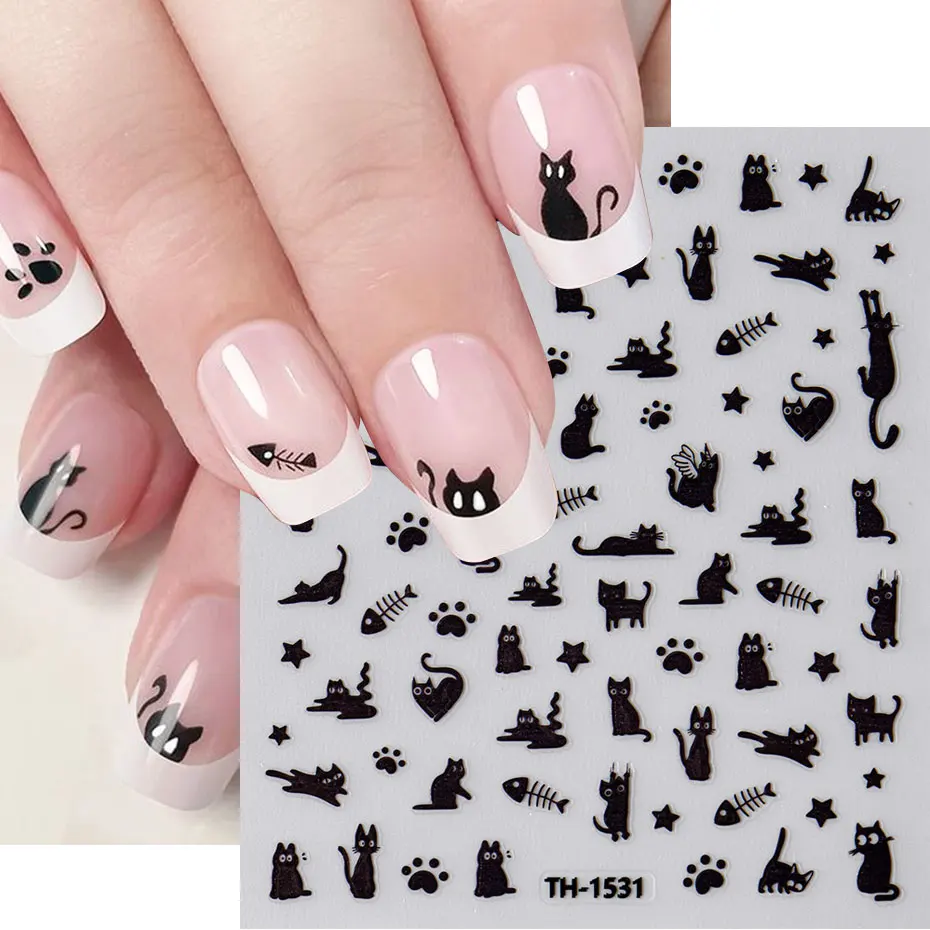 4pcs Cartoon Kawaii Black Cat Nail Slider Cute Sweet Pink Claw Self Adhesive Sticker Lovely Star Moon Fish Bone DIY Decals Decor