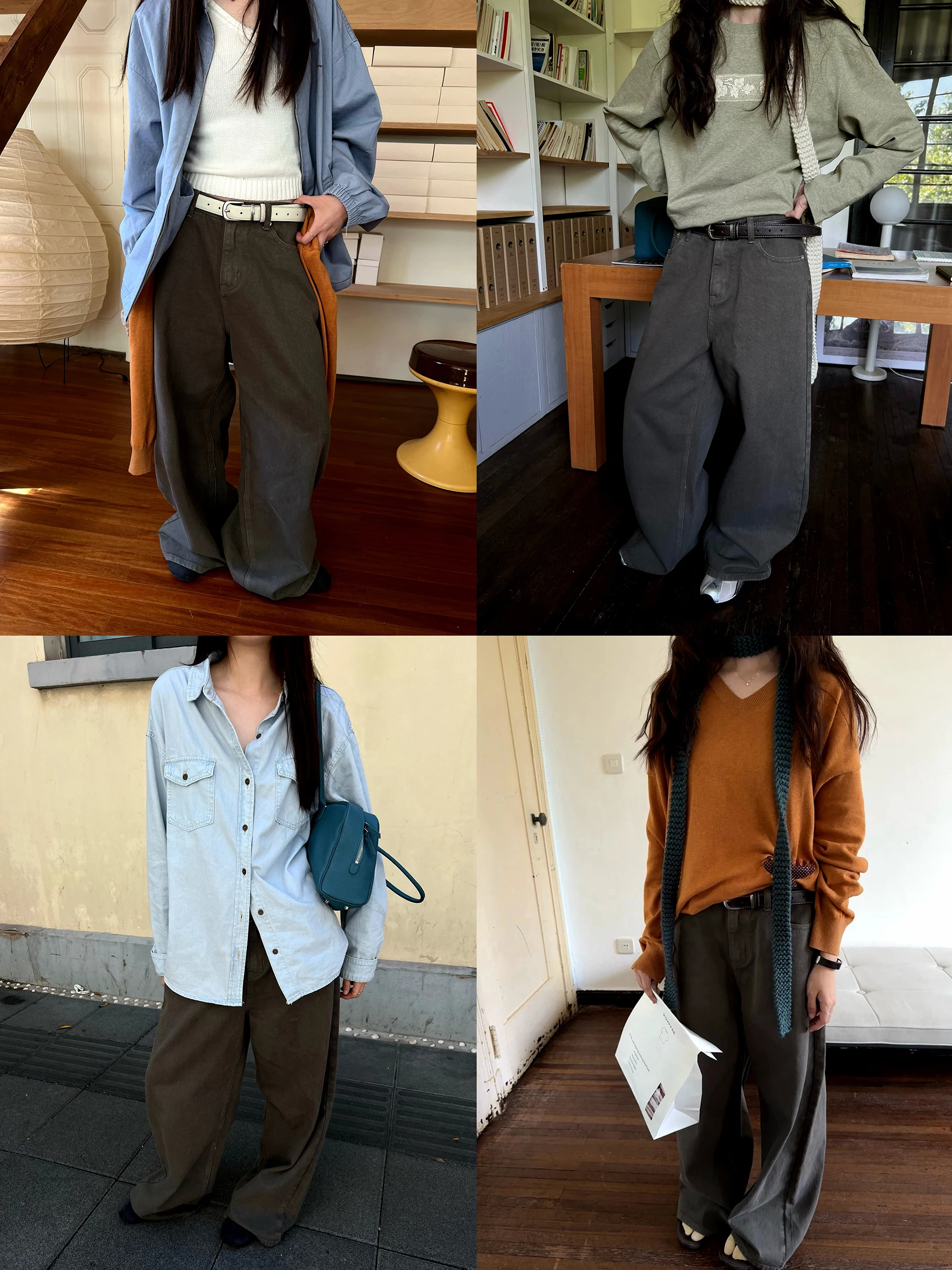 

Коричневые джинсовые брюки с тонкой текстурой, женские свободные широкие брюки с прямыми штанинами, осенние новые брюки с высокой талией и застежкой-молнией