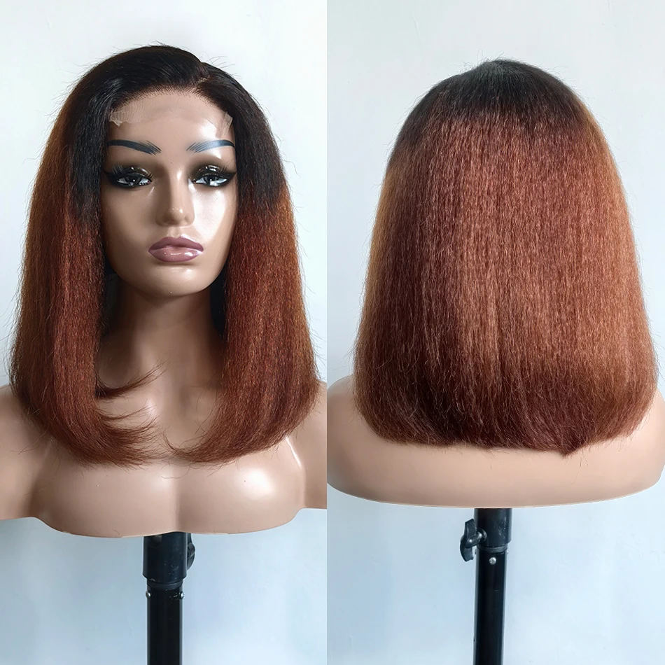 Kinky Straight Human Hair Glueless Wig Wear Go 4C Ombre Brown Afro Yaki Straight Hair HD Lace Wig for Black Women 200% Density - view 3