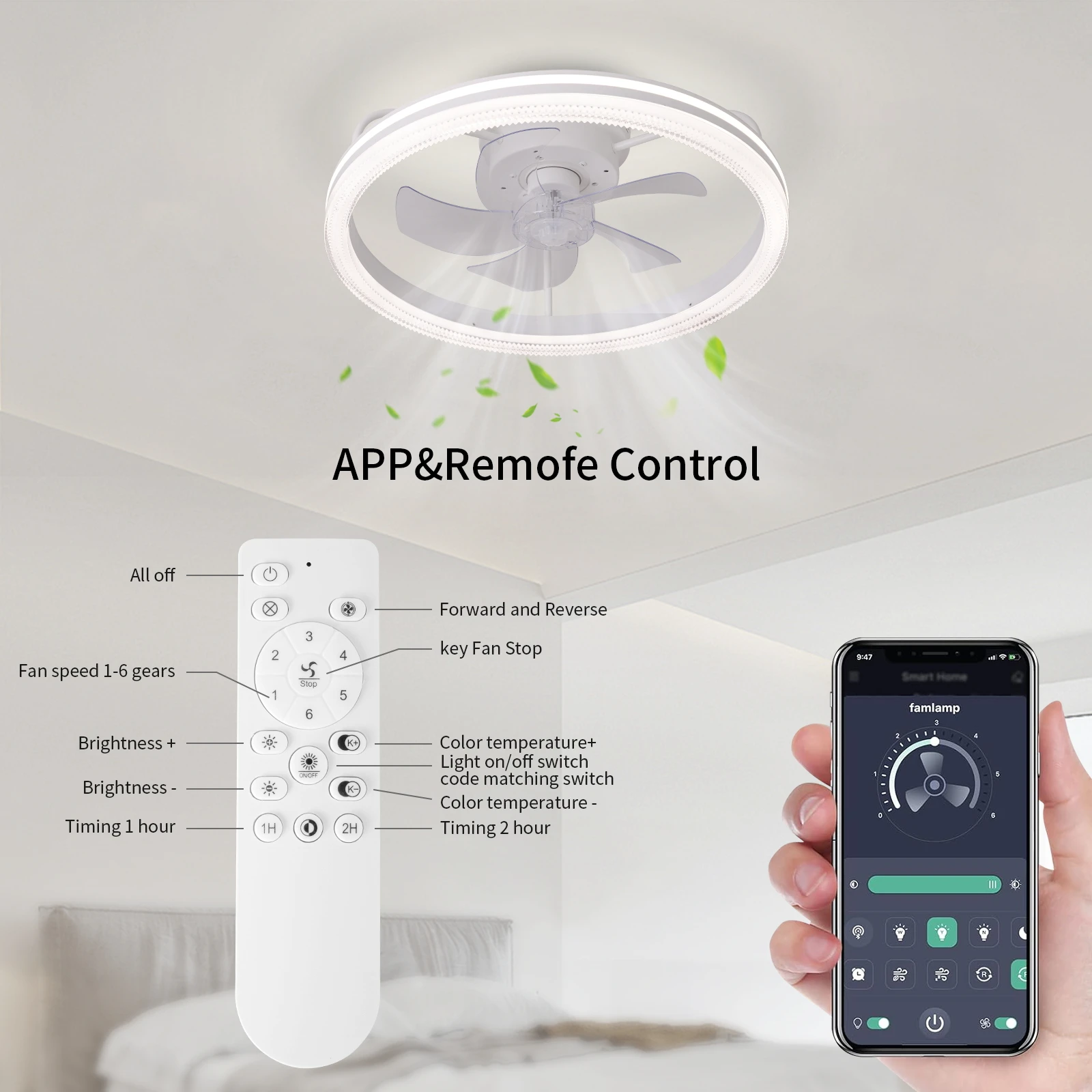 Matte White Acrylic Ceiling Fan Light with Remote & APP Control - Dimmable LED 6-Speed Settings Timer Function Stepless Dimming