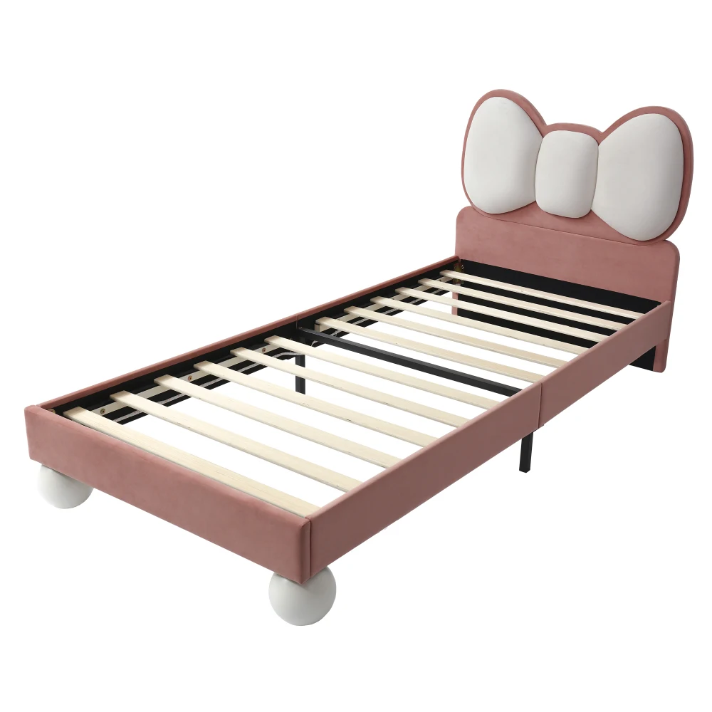 PINGGO Kinderbett, Einzelbett, 90 x 200 cm, Samt-Kopfteil in Fliegenform, Farbe, verstellbares LED-Licht, stabile Latten, ohne Matratze – Detail 13
