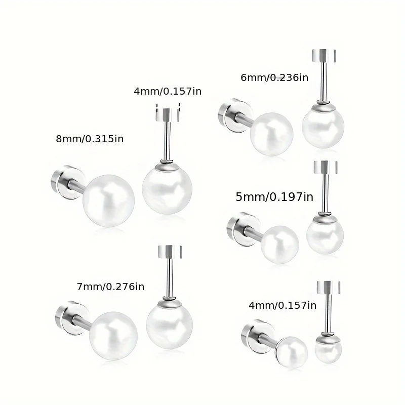 5 أزواج من الفولاذ المقاوم للصدأ أقراط اللؤلؤ الاصطناعي جولة مسمار غضروفي للرجال والنساء ارتداء المجوهرات اليومية في مجموعة متنوعة من الأحجام 4 / 5 / 6 / 7 / 8 مم