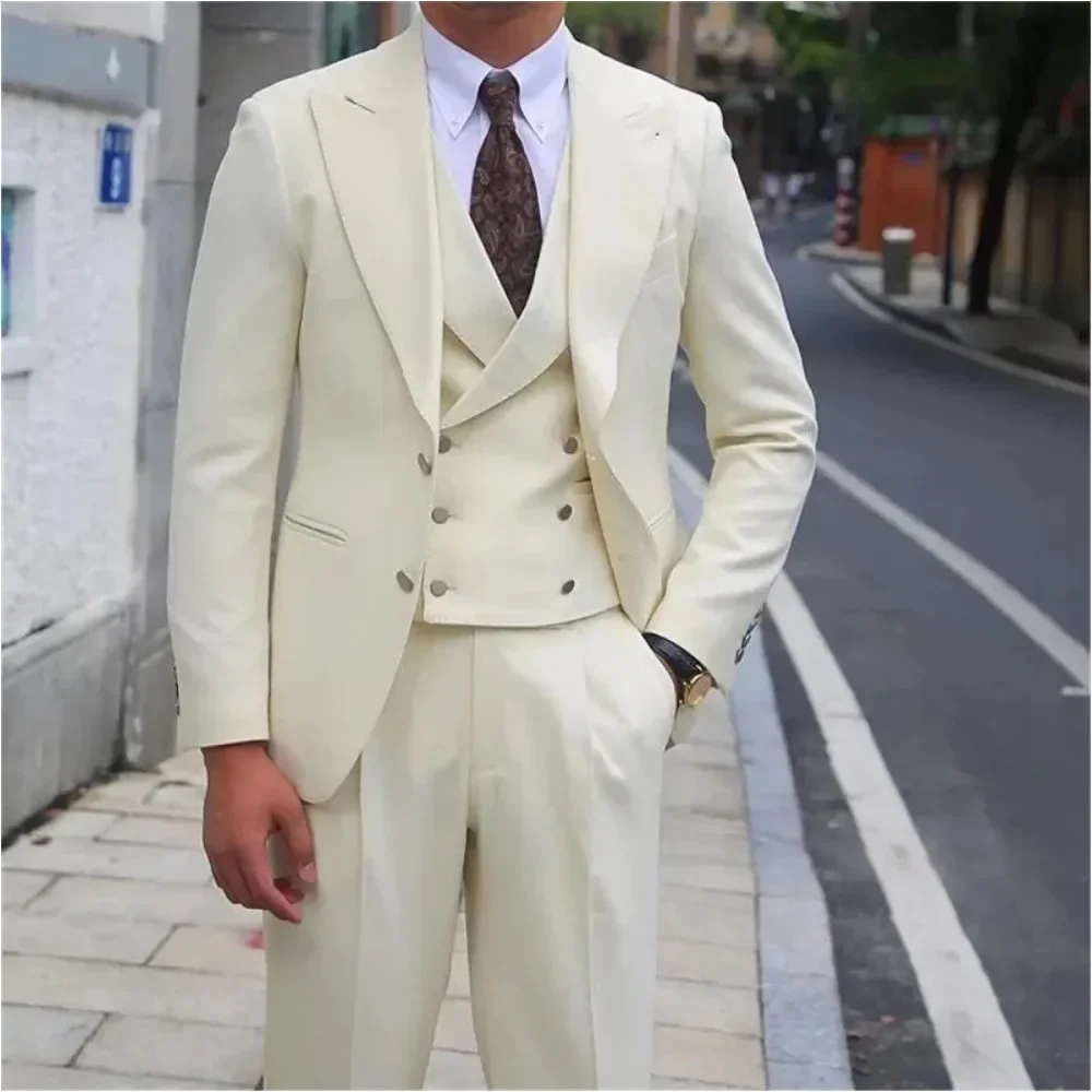 

Men's Suits 3 Pieces Single Breasted Peaked Lapel Costume Homme Prom Party Trajes De Hombre Jacket+Pants+Vest