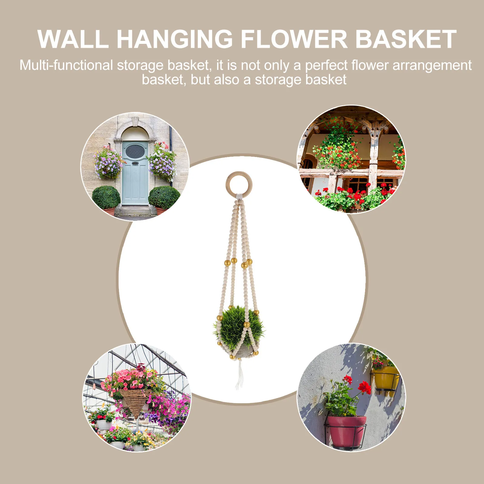 Wood Beaded Macrame Plant Hanger Decorative Wooden Beads Flower Pot Holder Wall Hanging Home Indoor Banquet Plant Display