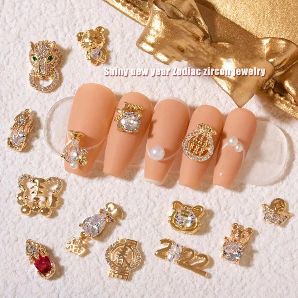 Exquisite Chinês Zodíaco Tigre Pingente Ano, Nail Art Rhinestone Jóias, DIY Decoração de Unhas, Ano Novo Nail Art, 2022