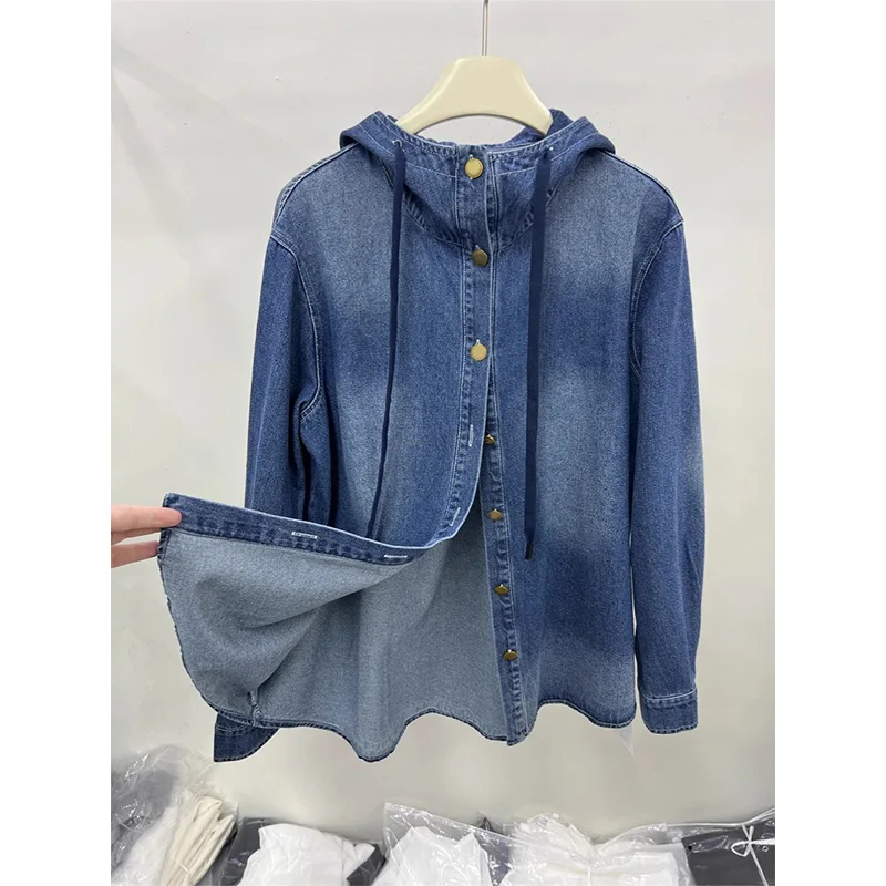 

Новинка 2024, женская повседневная джинсовая куртка с капюшоном и шнурком, верхняя одежда, обычная тонкая одежда для поездок на работу