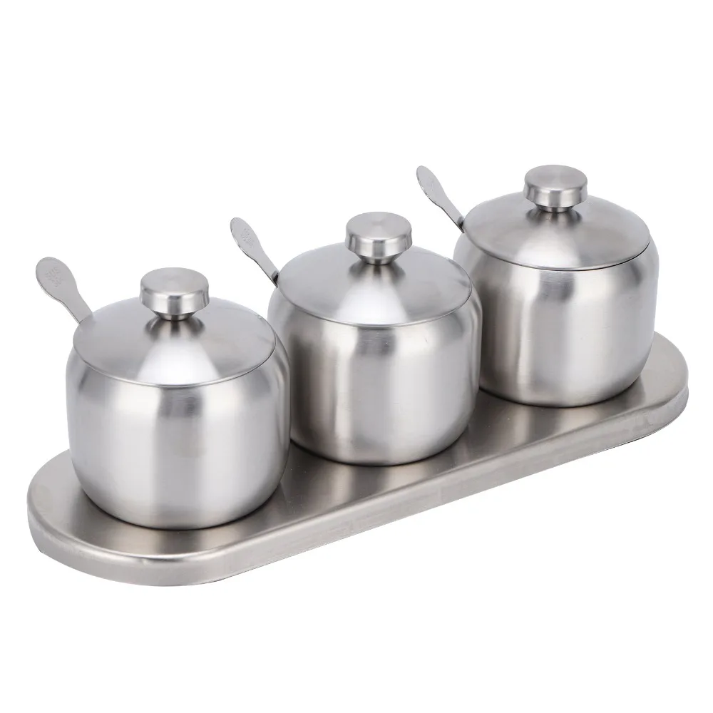 304 Stainless Steel Seasoning Pot Set 300ml With Lid Condiment Cruet Bottle With Serving Spoons With Non-slip Base