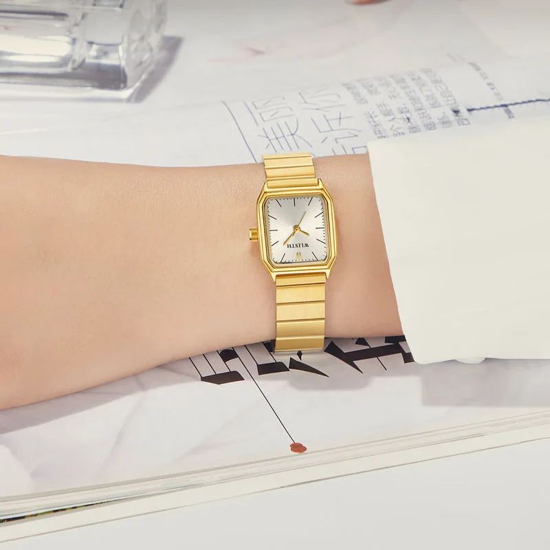 Quadrante Quadrato Orologio da Donna Lusso Full Steel Cinturino Orologio al Quarzo da Donna Pieghevole Chiusura Orologio da Polso Versatile 2024