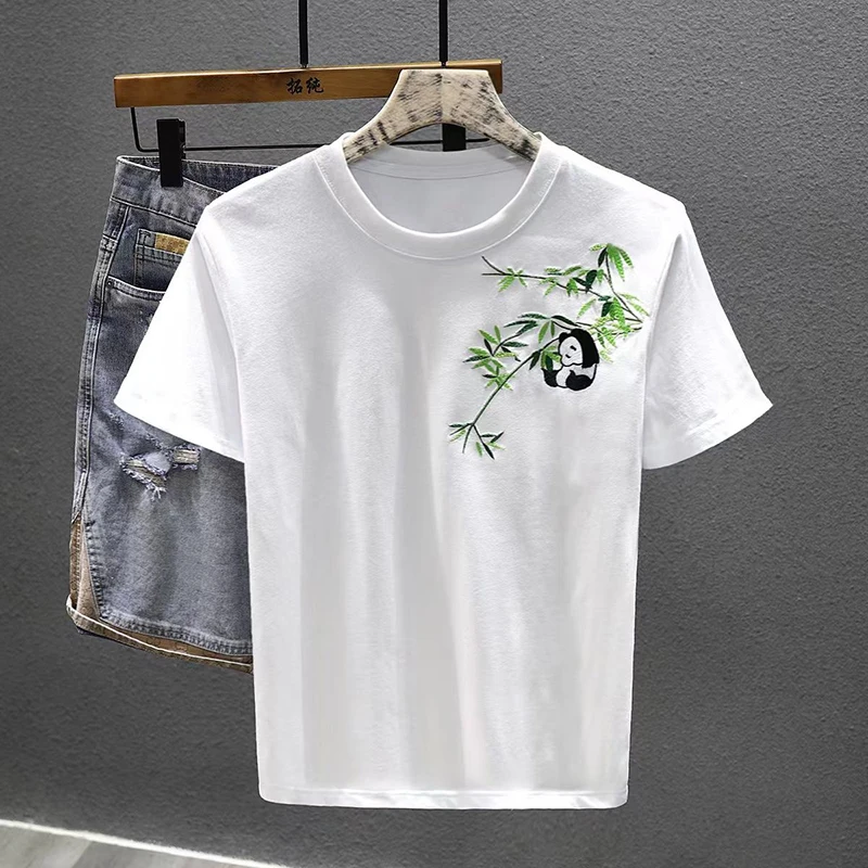 

2024 Summer Chinese Style Panda Short Sleeve Men O Neck T Shirt Fashion Harajuku Simple 2xl Oversized Couple Clothes Black White