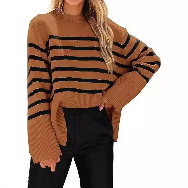 2024 Cross-border Europe and The United States Women Autumn and Winter New Loose Striped Fat Sleeve Knitted Pullover Stripe Top