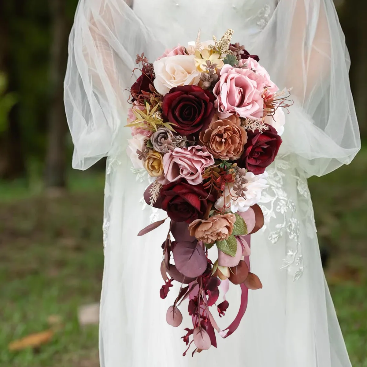 

Bridal Bouquet Cascading, Burgundy Wedding Bouquets for Bride, Teardrop Waterfall Bride Holding Flowers, 21.6 Inch Bride