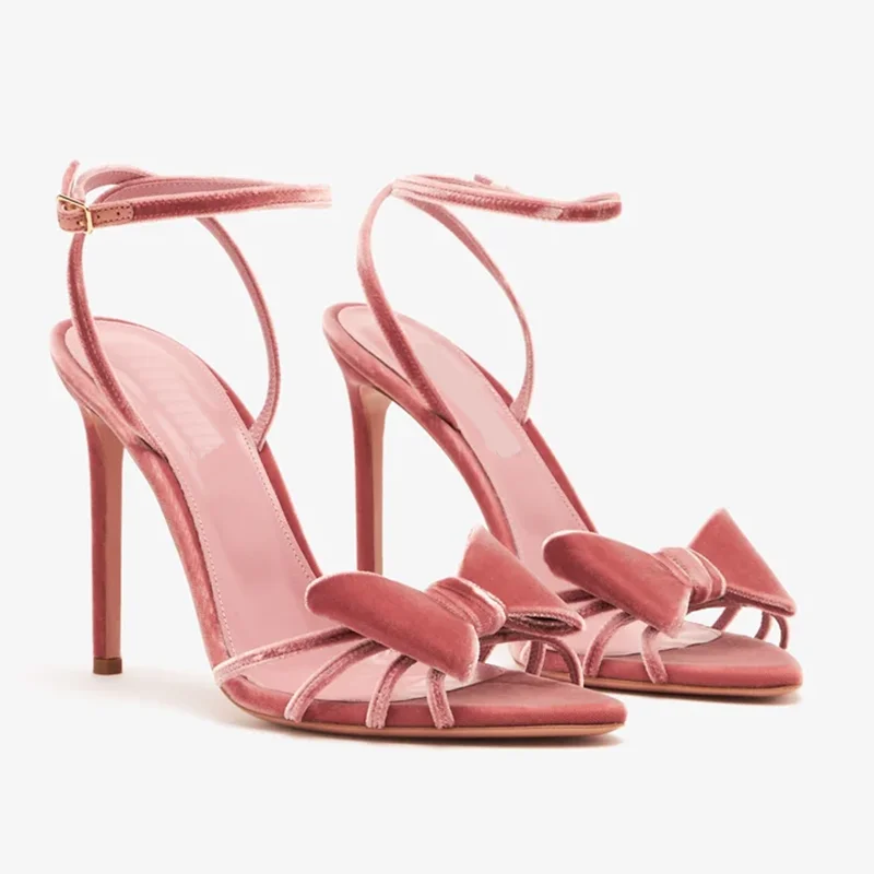 

Butterfly Knot Narrow Band Suede Sandals Pointed Toe Thin Heels Leather Customized New Arrivals Fashion Women Modern Shoes