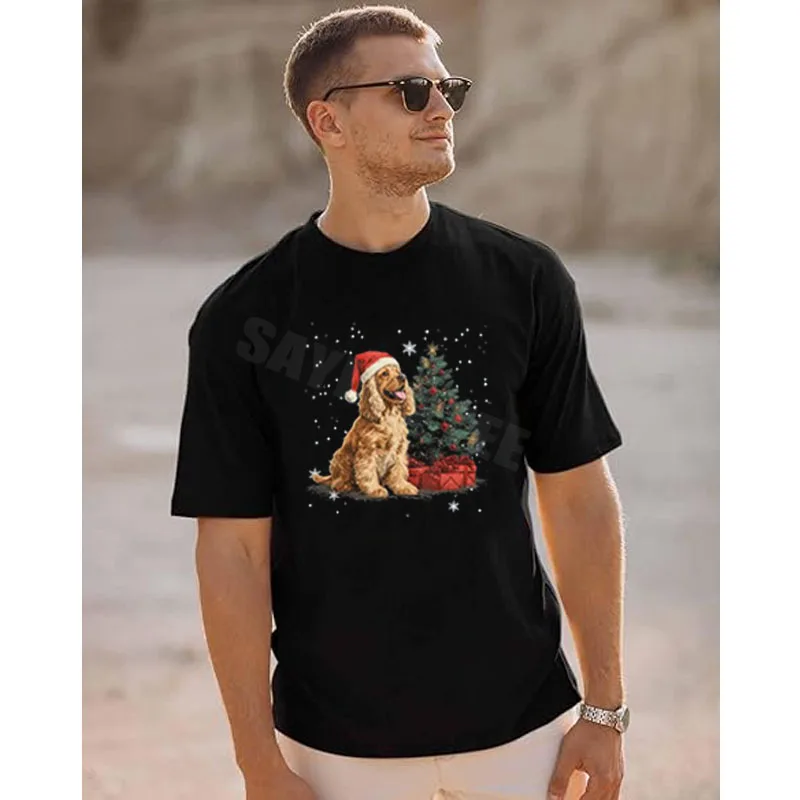 مضحك كوكر الذليل الكلب شجرة عيد الميلاد النساء الرجال تي شيرت عيد الميلاد جرو عاشق Y2k عطلة الملابس الجدة هدية كلب الجرافيك تيز #5