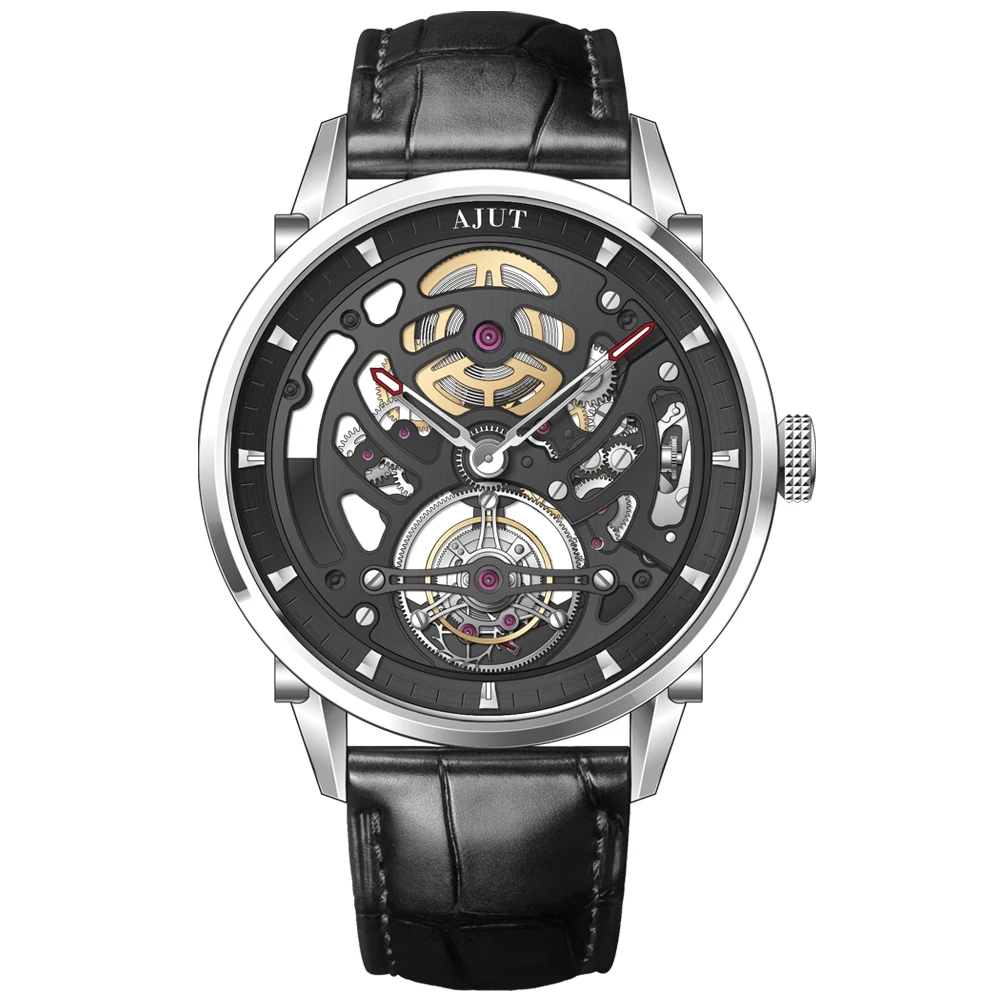 AJUT Automatic Tourbillon Watches For Man Flying Mechanical Movement Sapphire Mirror Skeleton Men Watch 0343