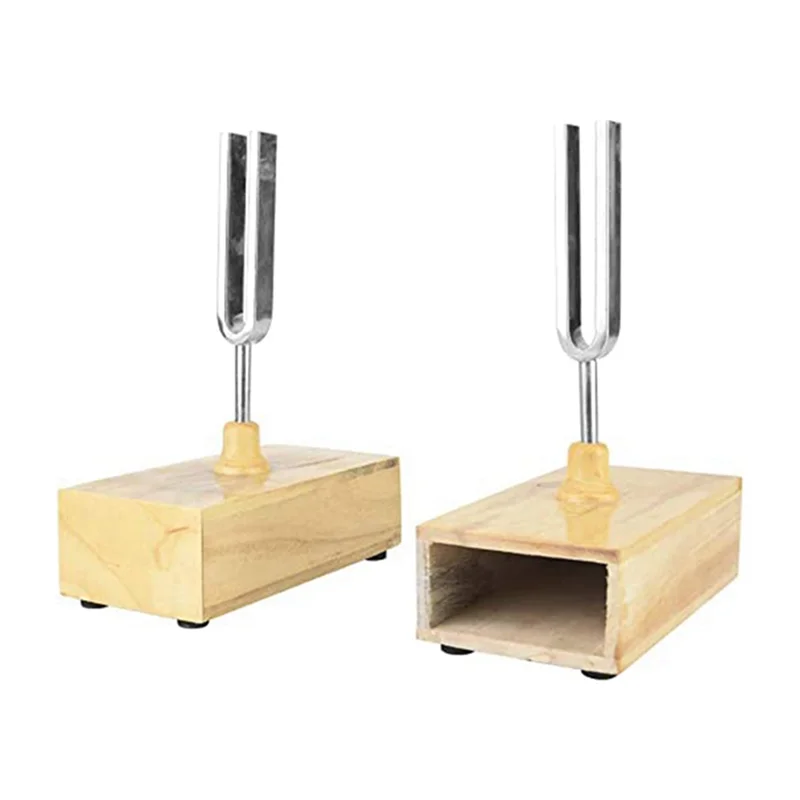 2 Pcs Tuning Fork with Wood Resonator Box, 440HZ Virbration Experimental Instrument with 1 Pcs Tuning Fork Knocker