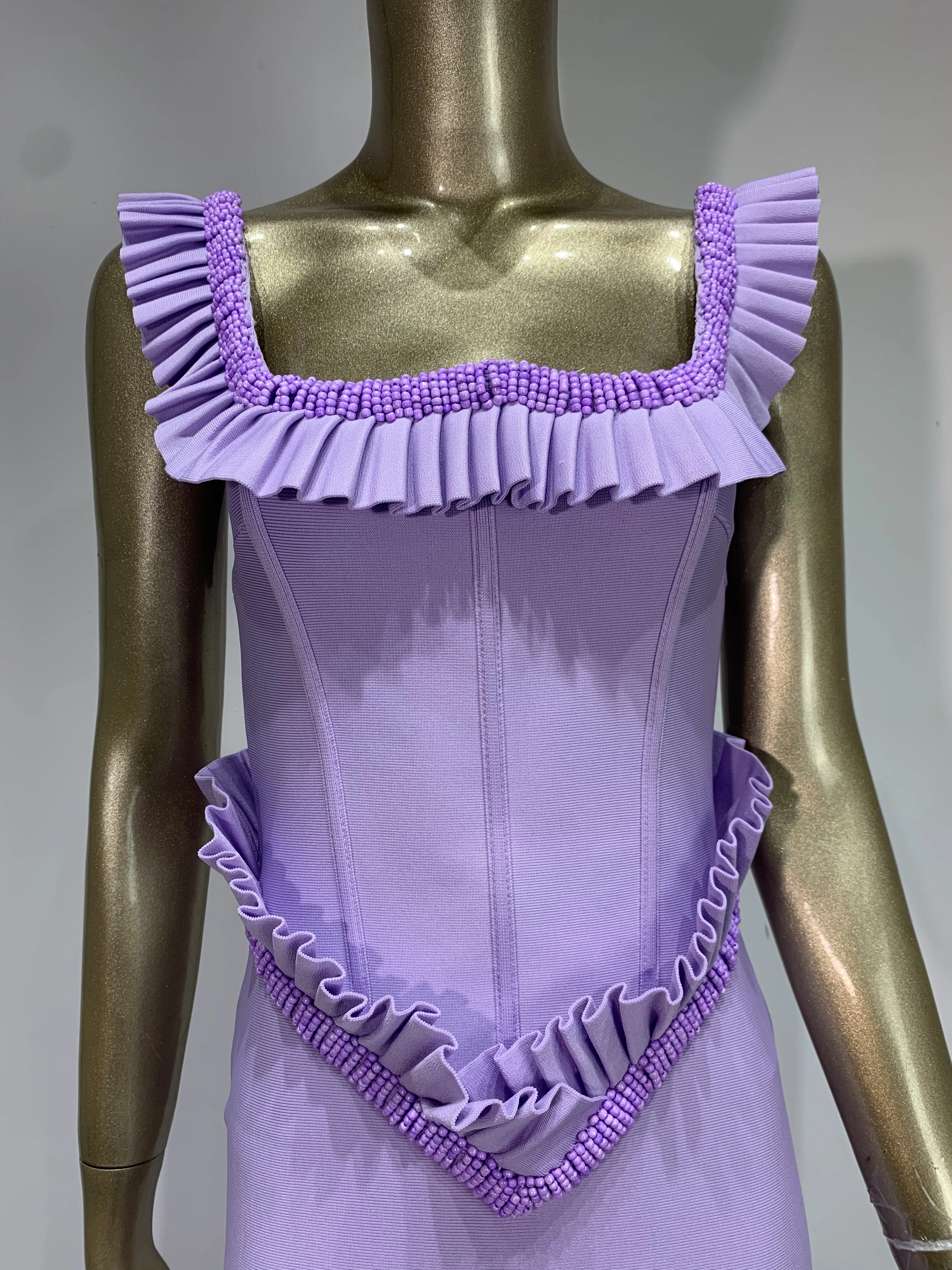 여성 연예인 섹시한 O 넥 프릴 보라색 구슬 맥시 롱 Bodycon 붕대 드레스 2025 우아한 저녁 클럽 파티 드레스