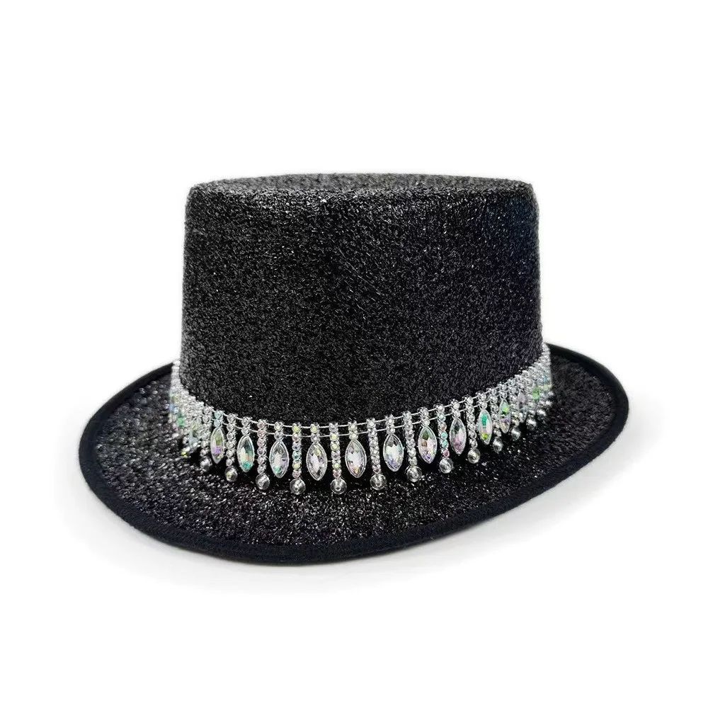 

2026 Crystal Jazz Hat Colorful Unisex Top Hat Rhinestone Edge Stage Show Hat Party Headwear
