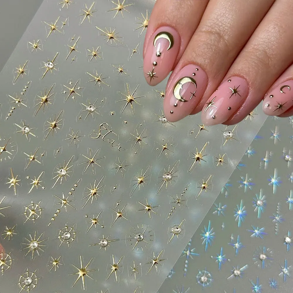 

Luxury Diamond Gold Sliver 5D Bronzing Star Nail Sticker Shiny Laser Starlight Nail Decals 8*10cm Self-Adhesive Nail Decorations