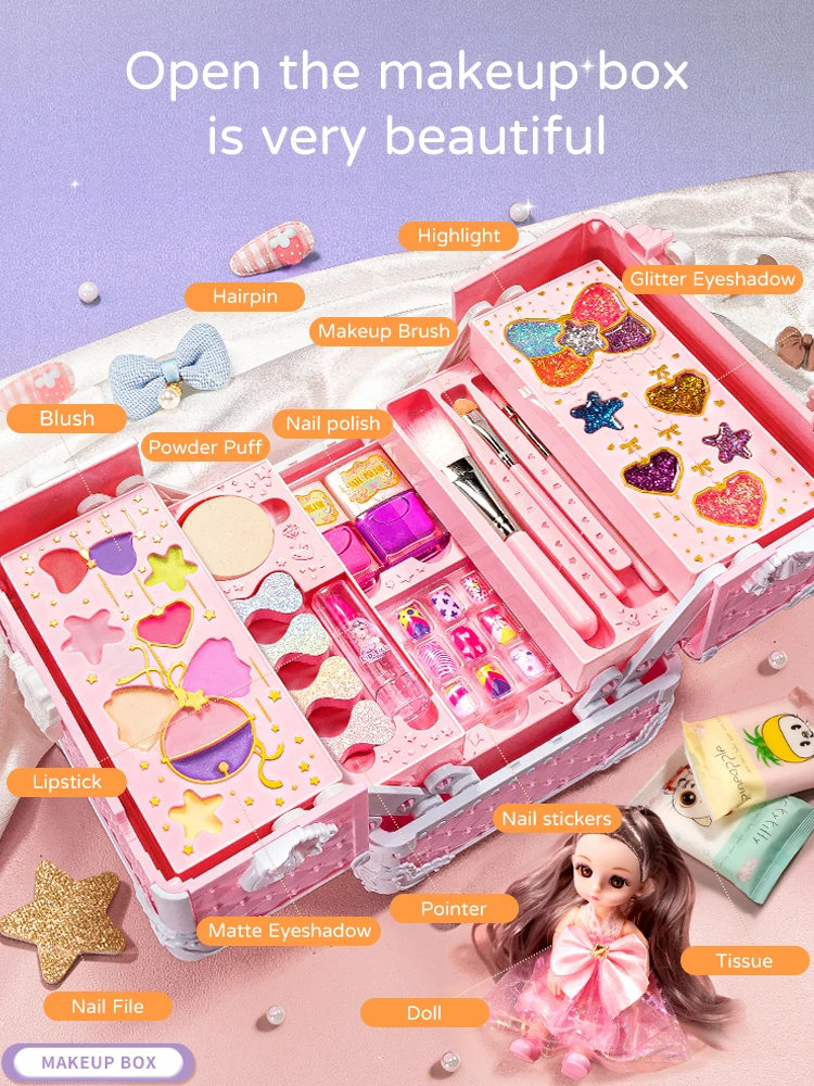 Kit de maquillaje para niños, cosméticos de simulación no tóxicos, maleta, esmalte de uñas, lápiz labial, juguete de belleza y moda para niños, regalos para niñas