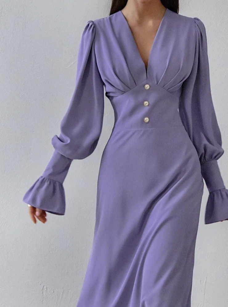 Sukienka damska na wiosnę i lato, zapinana na jeden guzik, satynowa długa sukienka na imprezę, seksowna sukienka midi z eleganckimi rękawami typu lampion.