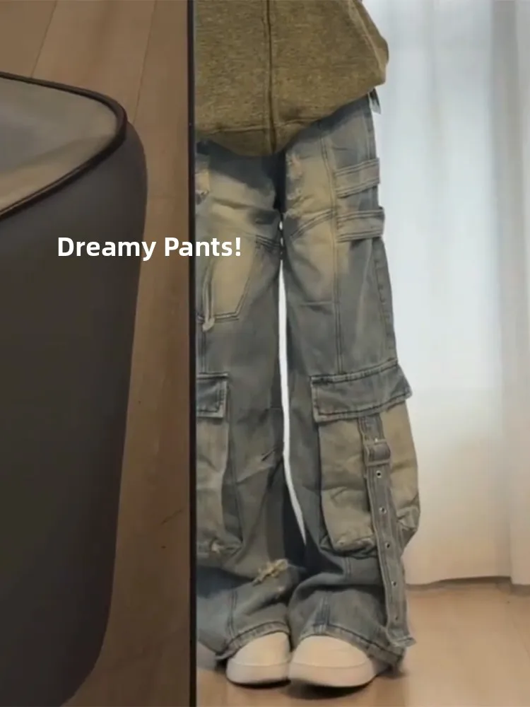 

Heavy Du Workwear Denim Jeans Men's Women's Design Sensation Hiphop Haome Street Wide Leg Pants Cargo ket Detail