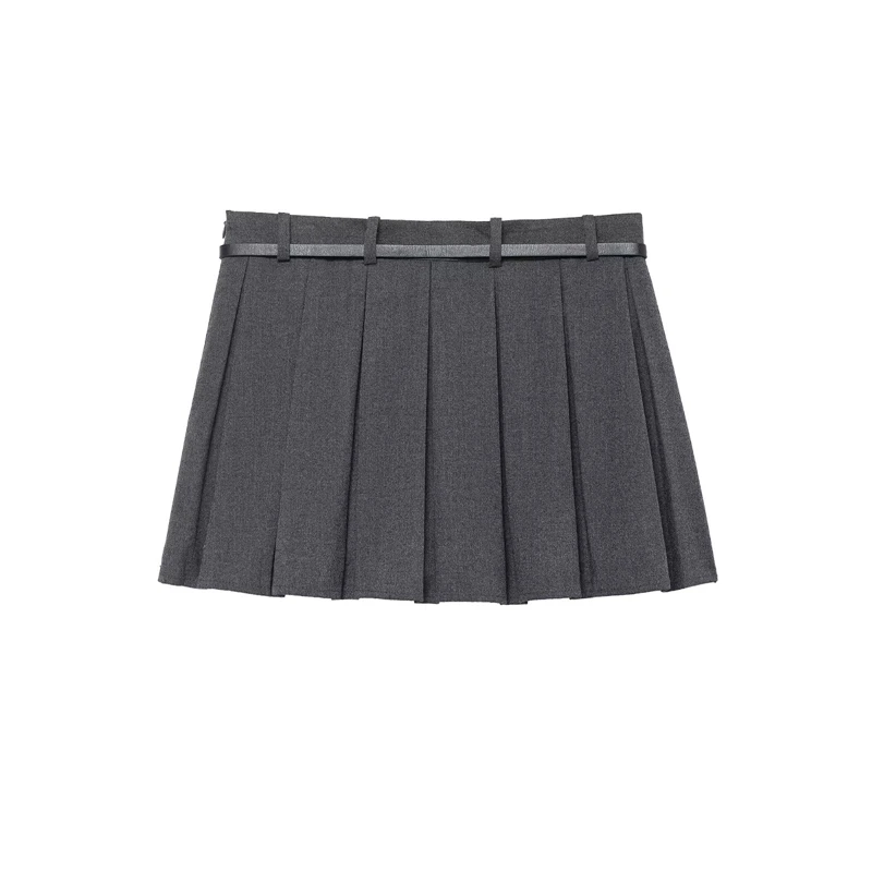 レディース グレー プリーツ ミニスカート ベルト付き - プレッピースタイル ハイウエスト 制服風スカート デイリー＆パーティーウェア