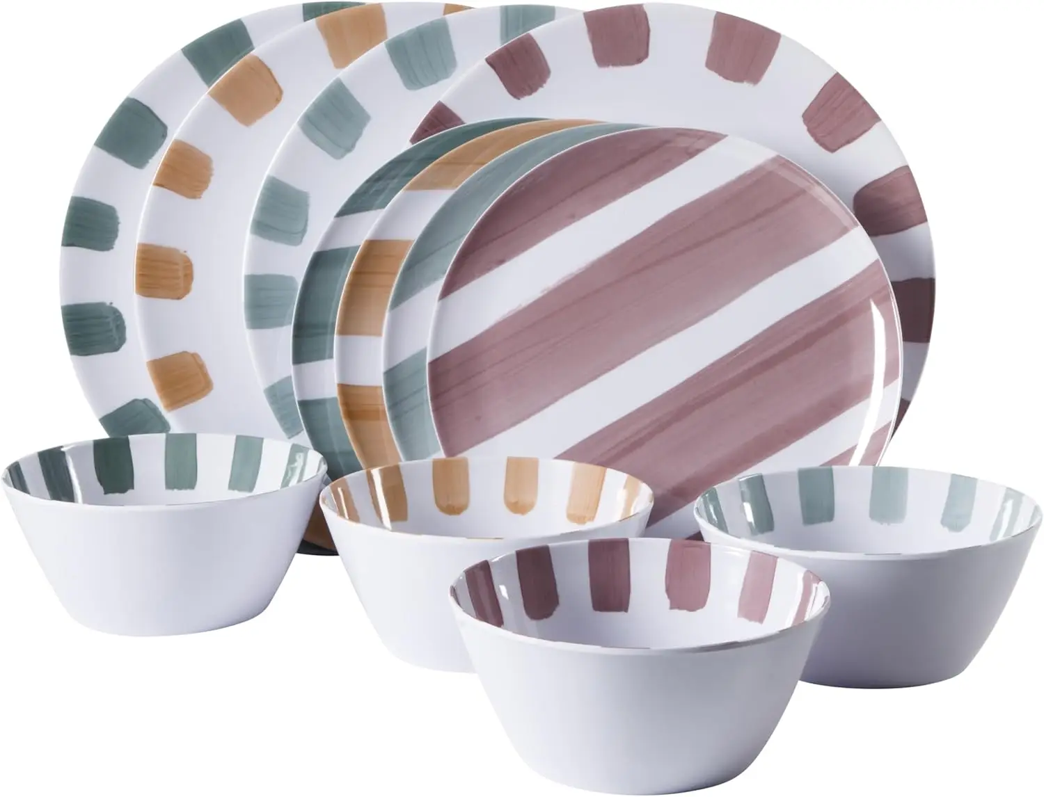 

12-компонентный набор небьющихся меламиновых тарелок и мисок для столовой посуды — для использования на открытом воздухе, для кемпинга и повседневного использования — разные цвета