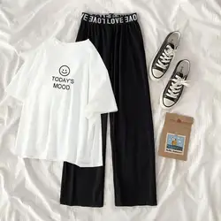 Conjunto de ropa de verano para niñas y adolescentes, Top corto con letras sonrientes, camiseta + pantalón de pierna ancha a rayas, chándal de 8, 10 y 12 años, 2024