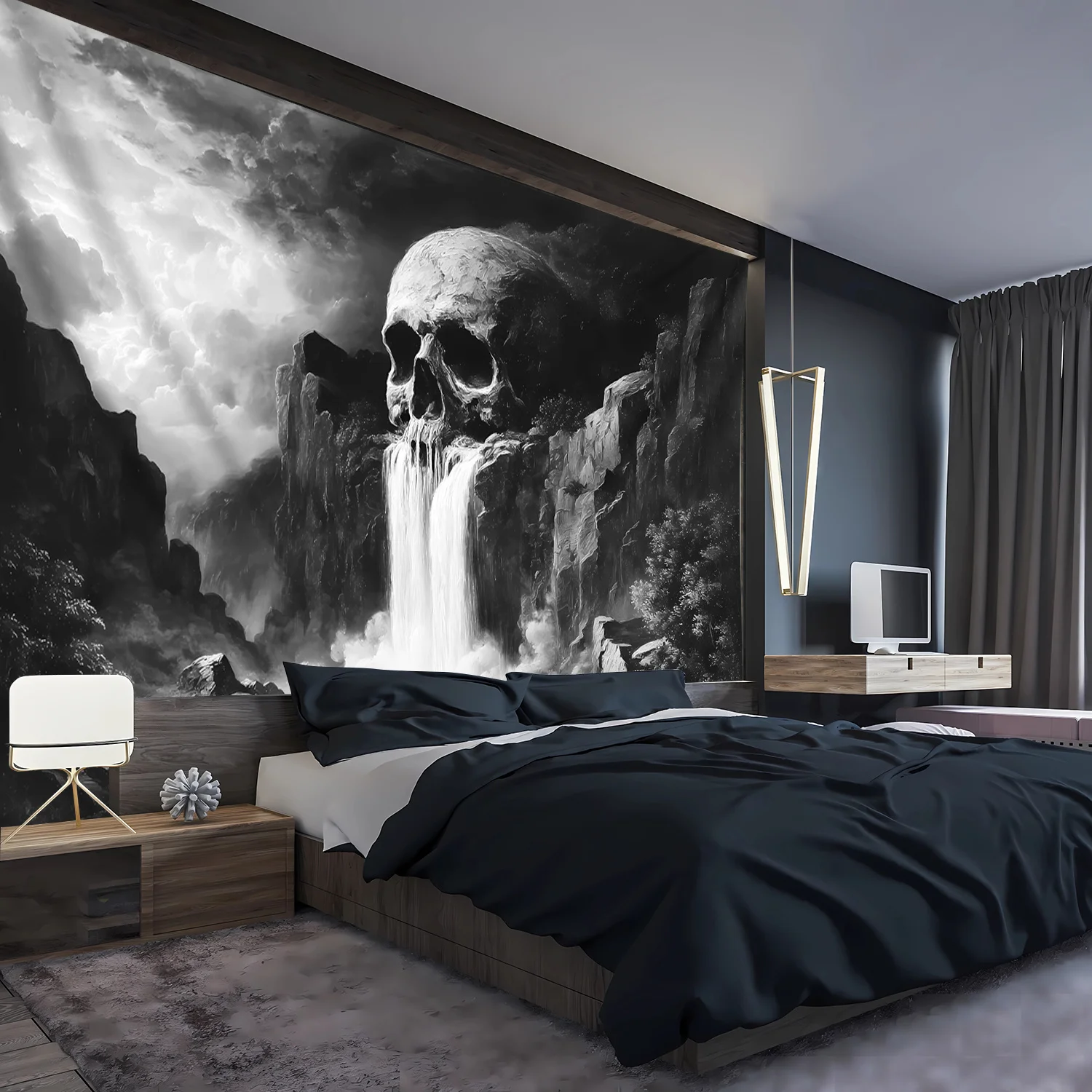 VIKAMA Black White Skull Waterfall Tapestry Dark Cliff Landscape Wall Hanging Gothic Aesthetic Backdrop for Bedroom Decor