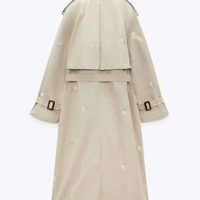 

New Women's Loose Midi Length Belted Floral Embroidery Coat Street Sle Cotton Long Sve Suit Collar Double Buttoned Jaet