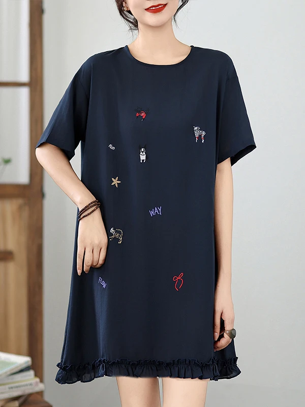 Ele brodé travail lourd T-shirt Dr femme mi-longue âge-défense jupe coréenne Sle trajet été Dr