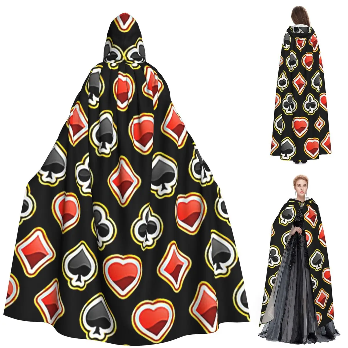 플레잉 카드 심볼 롱 후드 망토 마녀 중세 의상 코스프레 케이프 할로윈 코트 성인 유니섹스