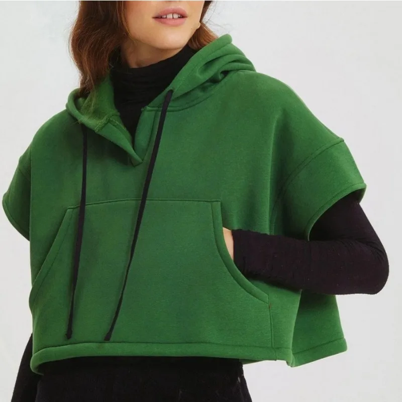 

2025 Design Sense New Export Sports Style Hooded Short Sleeve Pocket Short Vest Sweatshirt Women