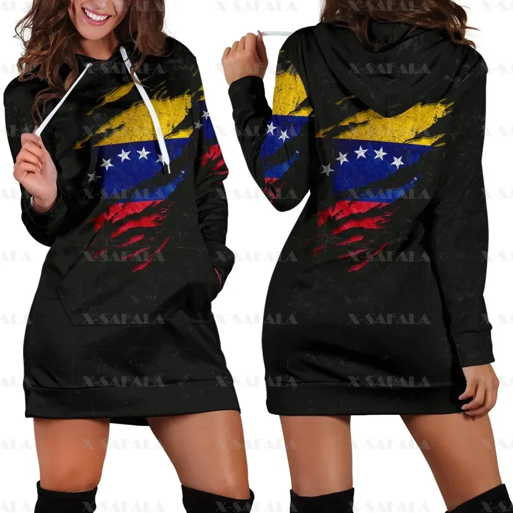 Love Venezuela Country Flag New Harajuku Novelty 3D Print Autumn Hoodies Dress Women Casual Wear Long Sleeve Hooded Dress-1