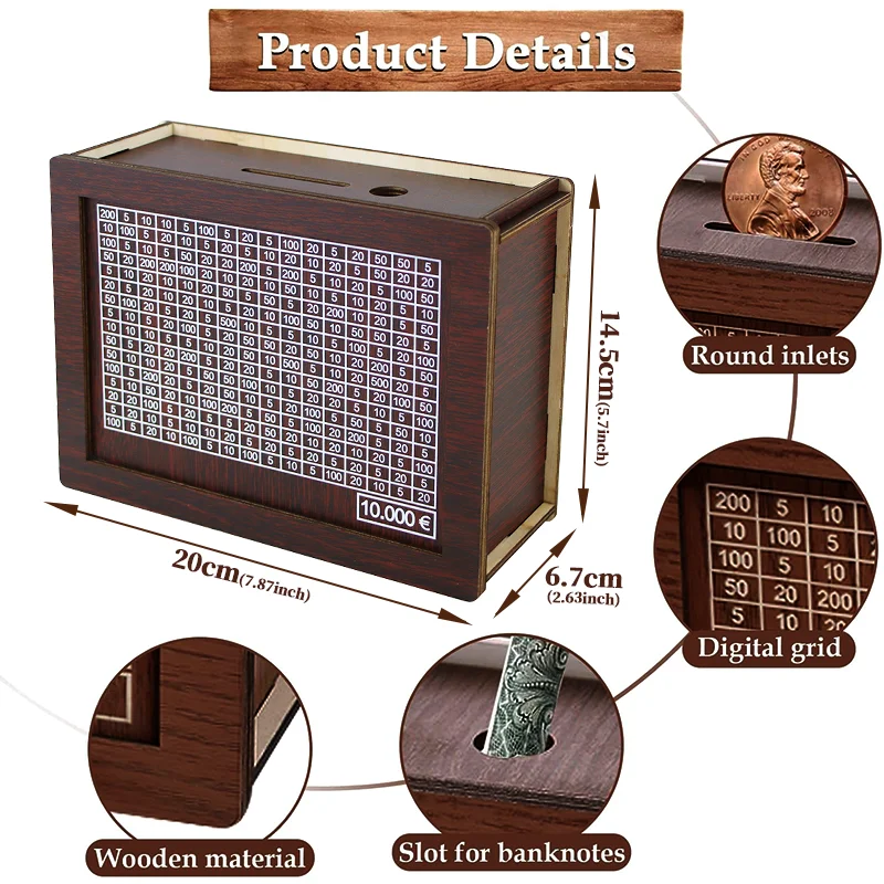 1000/2000/3000/5000/10000 euro caixa de dinheiro de madeira cofrinho de dinheiro caixa de poupança desafio caso de armazenamento de dinheiro
