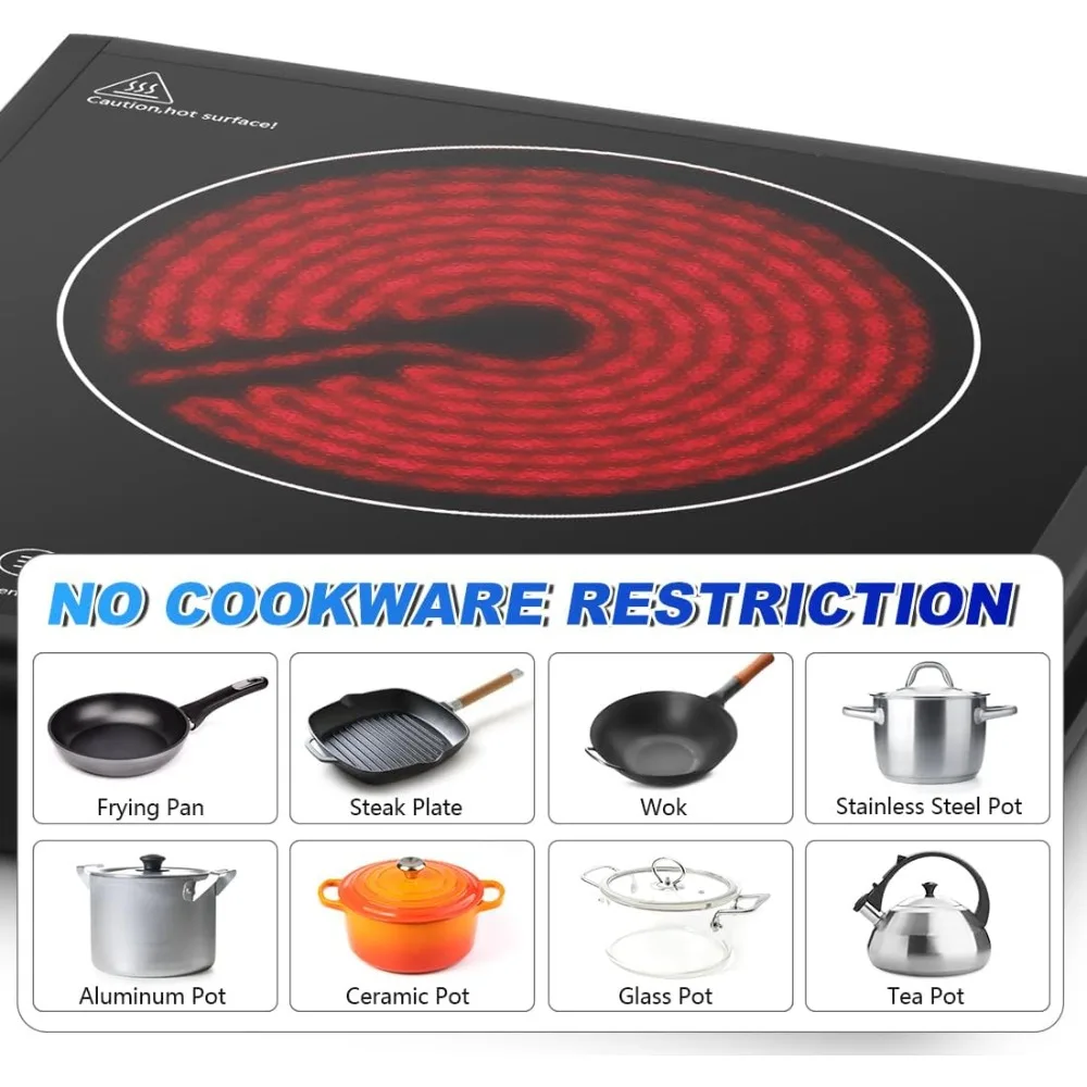 Hot Plate Electric Stove with LED Display, Portable Infrared Electric Burner Ceramic Cooktop, Adjustable 15 Power