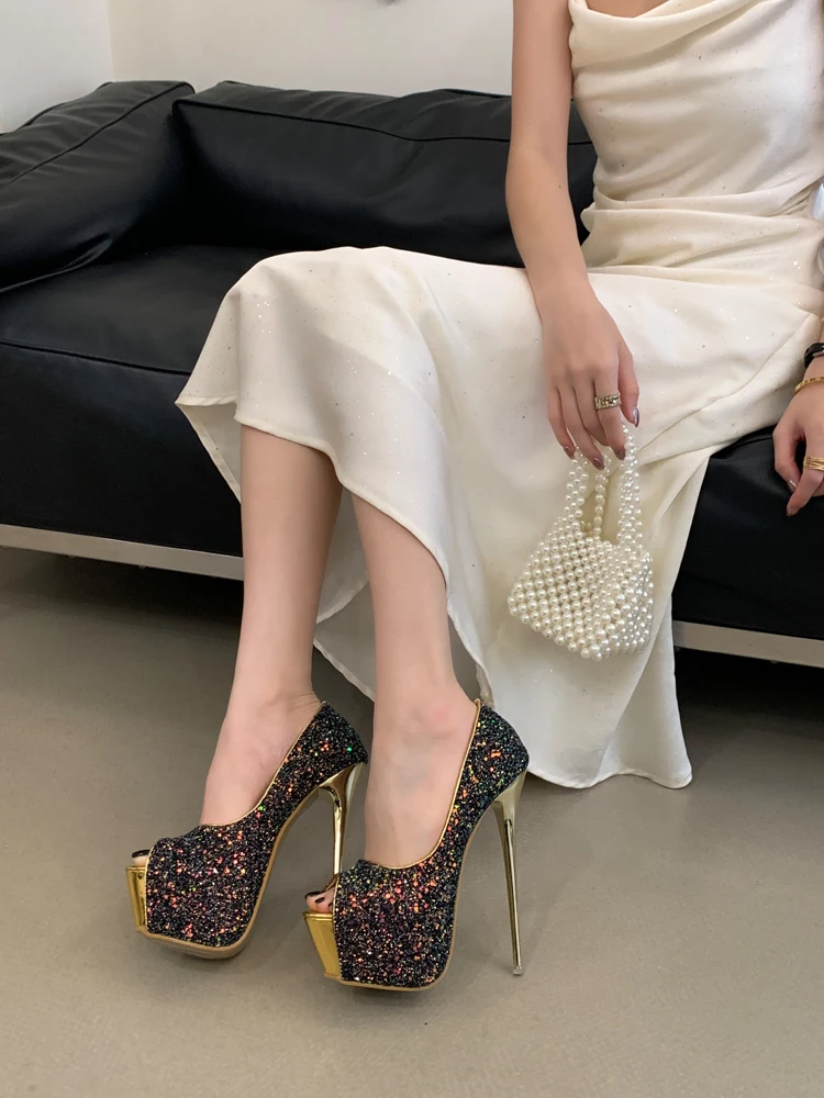 Summer 2026 Sexy Glitter Fish Mouth High Heels Sandals Women's Ultra High Heel Waterproof Platform Thick Bottom Thin Heel Shi...