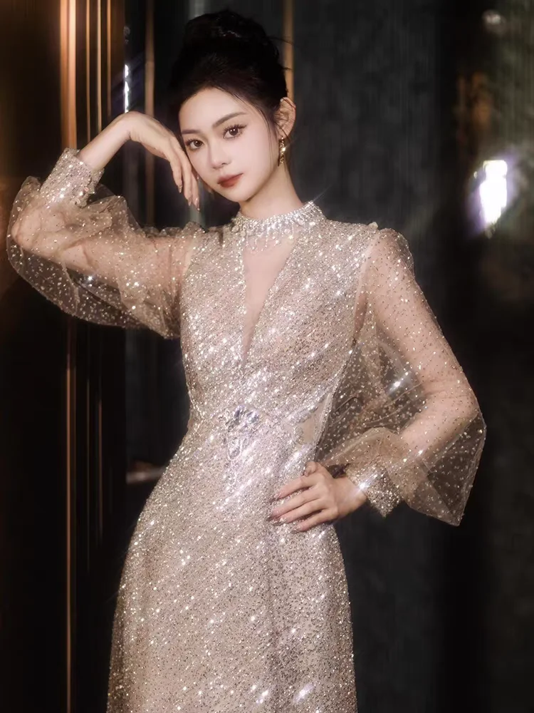 Ele Long Evening Gown Ne Hanging Fi Tail Sequin Host High End Luxury Faion New 2024 Neline Gown Wedding Dr