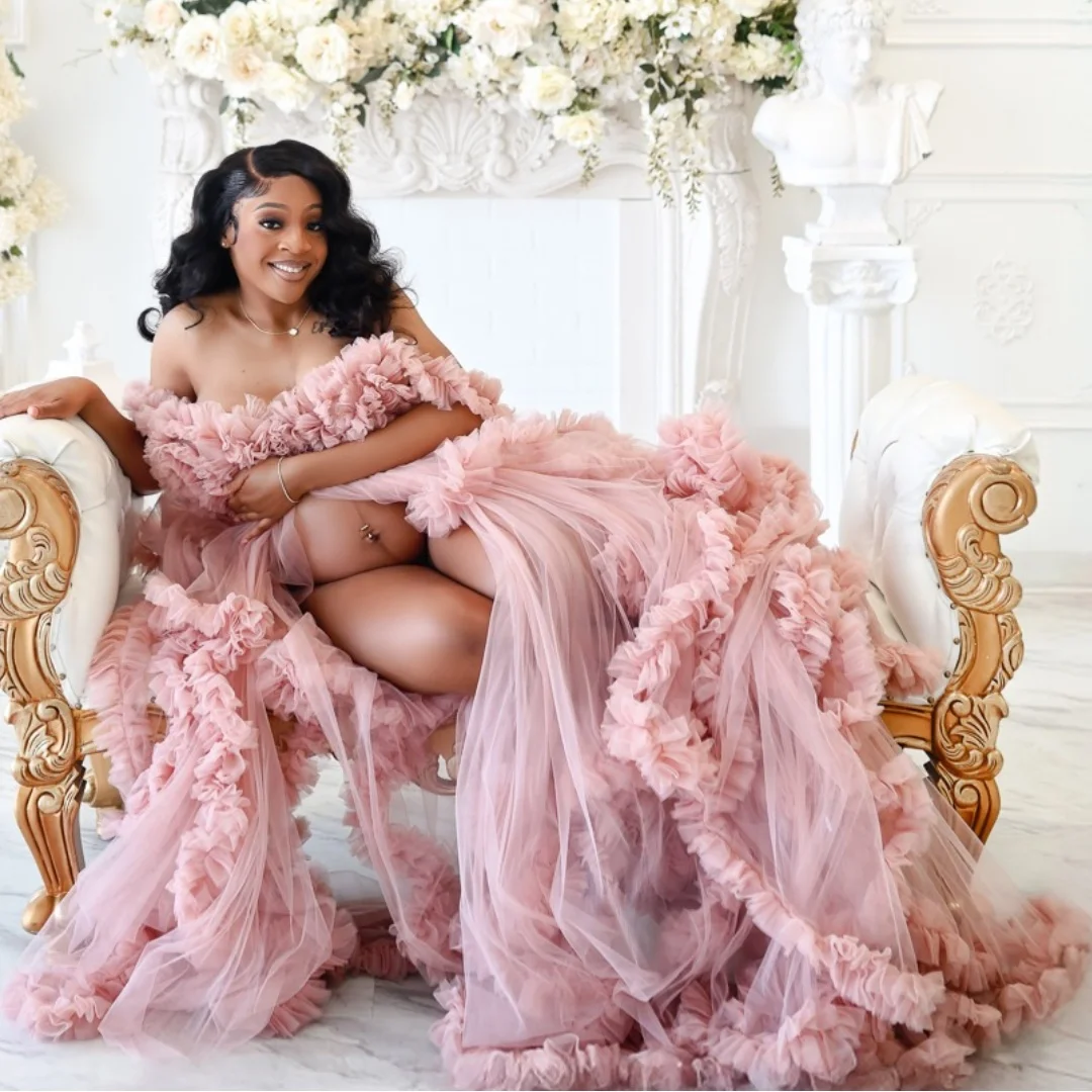 

Pink Ruffles Prom Dresses with Slit Maternity Photoshoot Dress Customized Layers vestido de novia Photography Props