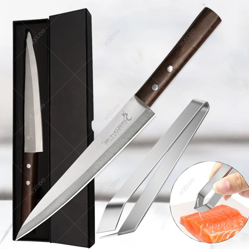 

Japanese Salmon Sushi Sashimi Knife Sharp Fish Knife 8 Inch Stainless Steel Kitchen Professional Chef Knife with Fishbone Clip