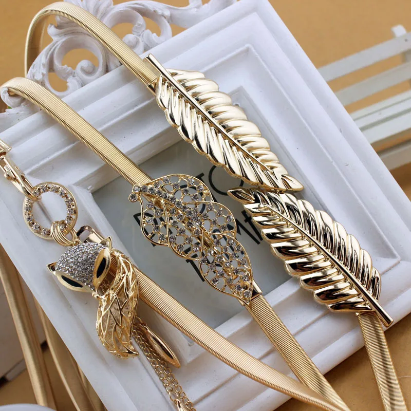 Gold Silver Leaf Metal Women's Belt Spring Gold Leaf Belt Elastic Waist Seal Women's Dress Waist Chain