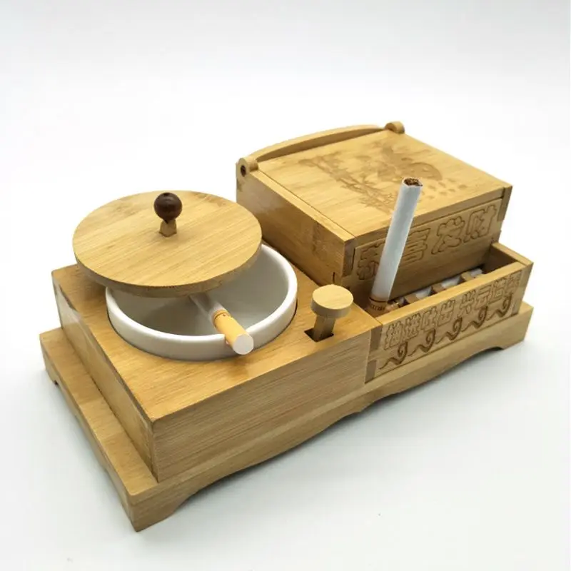 Creative Bamboo Production Press Eject Cigarettes Press To Pop Out The Cigarette Case Box Ceramic Ashtray With Lid