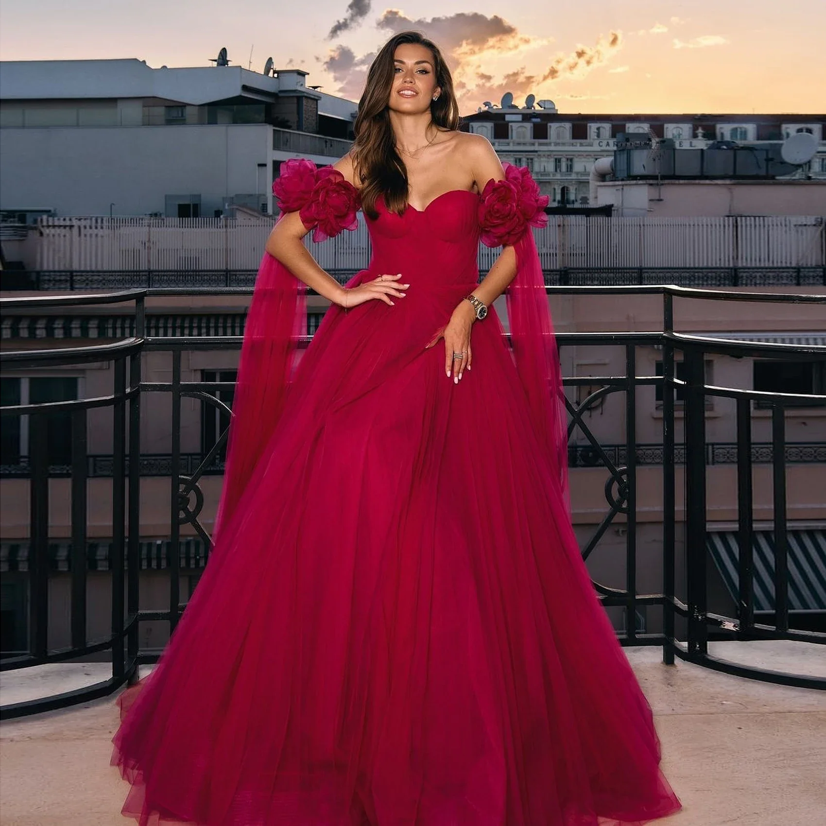 New Couture Rose Red Dubai Women Dresses Sleeve Cloak Style Sweetheart Arabic Floral Maxi Gowns Lush Elegant Formal Party Dress