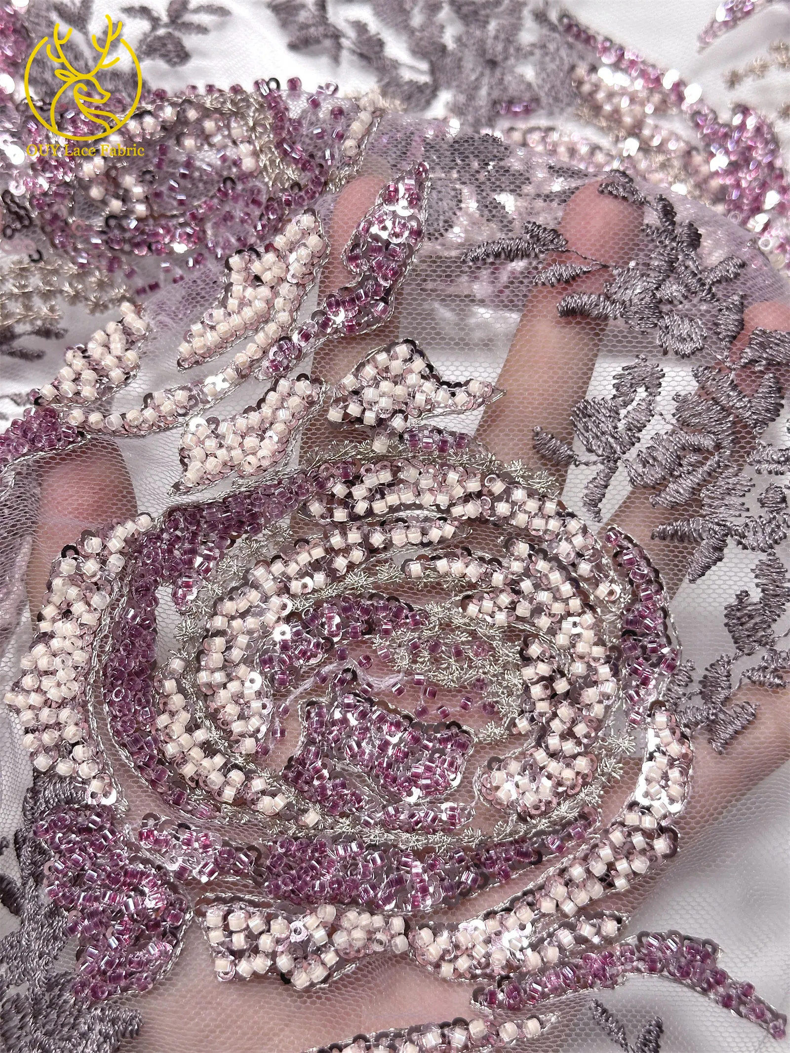 Modisches Kleid mit Stickerei, Spitze und Pailletten, Afrikanischer Spitzenstoff 2026, Rosa Französische Perlen-Spitze, Nigerianisches Partykleid, Nähzubehör 5Y – Detail 8