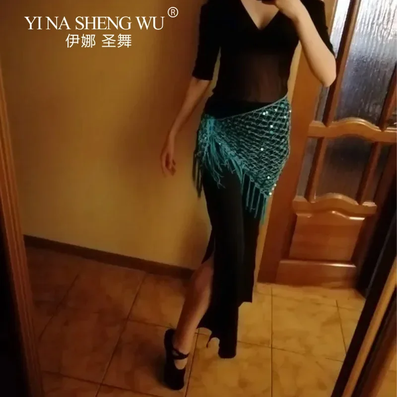 إكسسوارات الرقص الشرقي المثلثة الكلاسيكية حزام شرابة طويل مثلث مرن من اليد الكروشيه الرقص الشرقي وشاح الورك حزام الترتر