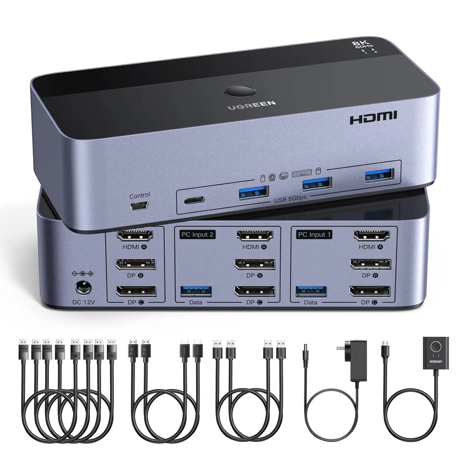 

KVM-переключатель HDMI DisplayPort 8K@60Hz для 3 мониторов и 2 компьютеров, 4K@240Hz с USB-портами