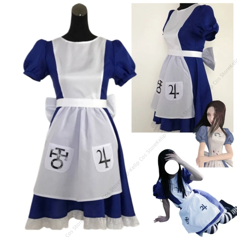 

Alice Madness Returns Cosplay Costume Blue Steamdress Gothic Lolita Maid Outfit Full Set for Women Girls Halloween Party Suits