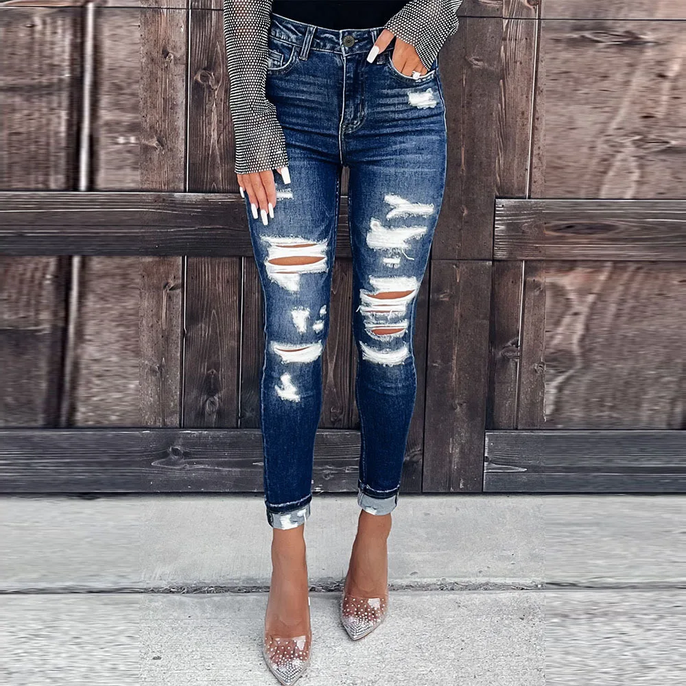 

Shi Ying Blue Worn High Waist Skinny Jeans For Women With Broken Holes Fashion Crop Leggings 7871226