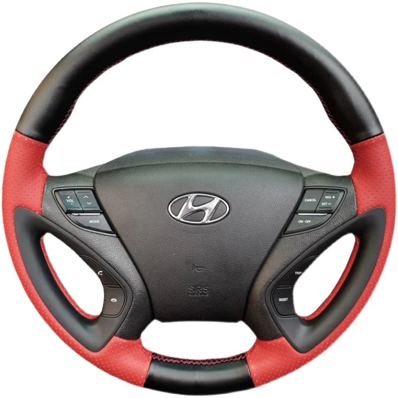 

For Hyundai Sonata 8 2011-2014 Hand Stitched Non-Slip black red Genuine Leather Car Steering Wheel Cover