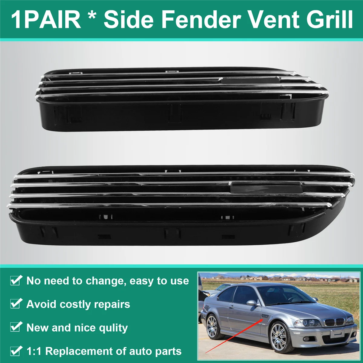 

#09L Automotive Parts & Accessories,Side Fender Vent Grill for BMW Fender Air Vent Trim Cover,Black & Silver